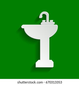 Bathroom sink sign. Vector. Paper whitish icon with soft shadow on green background.
