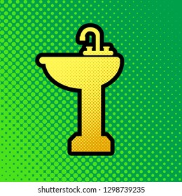 Bathroom sink sign. Vector. Pop art orange to yellow dots-gradient icon with black contour at greenish background.