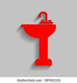Bathroom sink sign. Vector. Red icon with soft shadow on gray background.