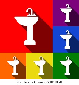Bathroom sink sign. Vector. Set of icons with flat shadows at red, orange, yellow, green, blue and violet background.