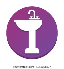 Bathroom sink sign. Vector. White icon with flat shadow on purpureus circle at white background. Isolated.
