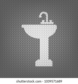 Bathroom sink sign. Vector. White knitted icon on gray knitted background. Isolated.
