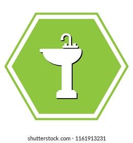 Bathroom sink sign. Vector. White icon with black shadow at yellow green honeycomb on white background.