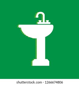 Bathroom sink sign. Vector. White flat icon with yellow striped shadow at green background.