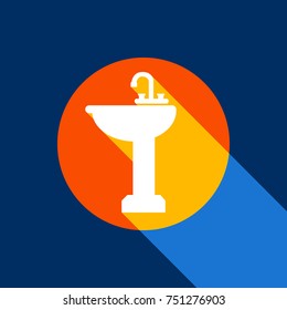 Bathroom sink sign. Vector. White icon on tangelo circle with infinite shadow of light at cool black background. Selective yellow and bright navy blue are produced.