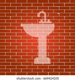 Bathroom sink sign. Vector. Whitish icon on brick wall as background.