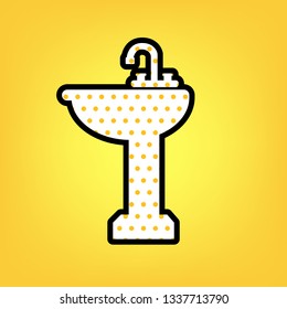 Bathroom sink sign. Vector. Yellow polka dot white icon with black contour at warm yellow background.