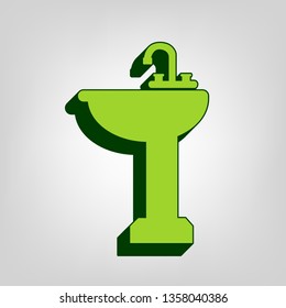 Bathroom sink sign. Vector. Yellow green solid icon with dark green external body at light colored background.