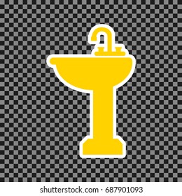 Bathroom sink sign. Vector. Yellow icon with white contour on dark transparent background.