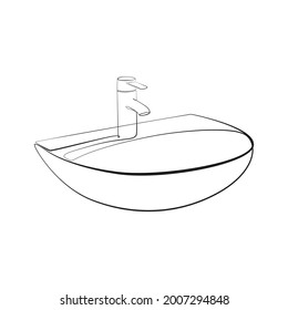 Bathroom sink with tap one line drawing on white isolated background