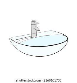 Bathroom sink with tap one line drawing on white isolated background