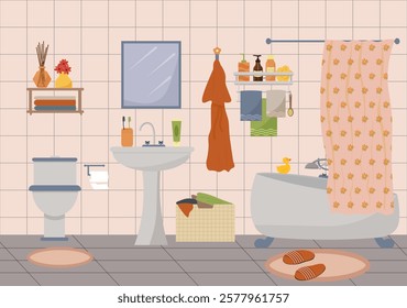 Bathroom. Sink and toilet. Bath with shower and curtain. Mirror, laundry basket, rug and slippers. Towel, robe and personal hygiene kit. Vector illustration