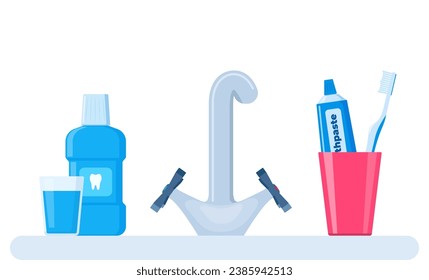 El lavabo del cuarto de baño con pasta de dientes y cepillo de dientes, enjuague bucal, vaso de agua. Herramientas de limpieza dental. Cuidado oral y productos de higiene. Ilustración del vector