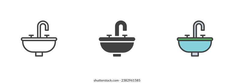 Bathroom sink unit different style icon set. Line, glyph and filled outline colorful version, outline and filled vector sign. Washbasin symbol, logo illustration. Vector graphics