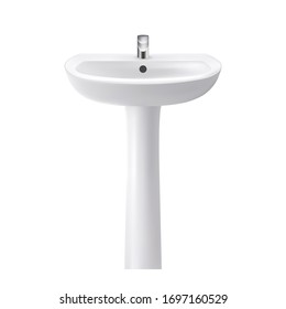 Bathroom Sink For Washing Hands And Face Vector. Standing On Pedestal Sink Ceramic Domestic Equipment With Faucet For Hygiene. Restroom Interior Furniture Template Realistic 3d Illustration