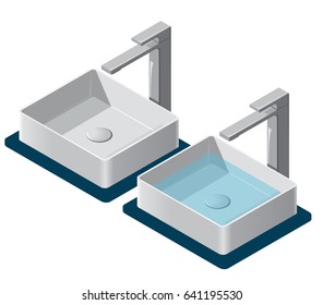 El cuarto de baño se hunde sobre fondo blanco. Cuenca isométrica con grifo y agua. Elemento gráfico informativo interior de cocina. Ilustración artículo doméstico. Juego de limpieza doméstica pictograma. Vector maestro aislado.