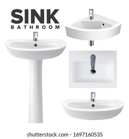 Bathroom Sinks For Wash Hands And Face Set Vector. Collection Of Different Design Restroom Ceramic Sinks, Standing On Pedestal, Modern And Classical Style. Template Realistic 3d Illustrations