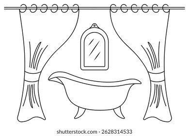 Cuarto de baño. Boceto. Baño, espejo y cortina impermeable doble. Boceto. Ilustración vectorial. Esquema sobre fondo blanco aislado. Estilo Doodle. Colorear para niños. Idea para el Diseño web.