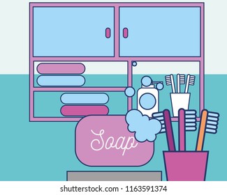 bathroom soap foam toothbrushes drawers and towels