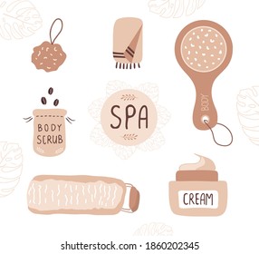Accesorios de spa en el baño. Autocuidado en casa. Productos orgánicos para pelar la piel. Rutina matutina. Ilustración vectorial al estilo de las caricaturas.