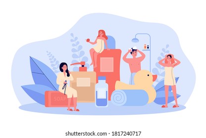 El concepto de cuarto de baño y de tratamientos de spa. Gente tomando ducha, usando jabón, botellas de champú, esponja. Ilustración vectorial para higiene, rutina diaria, temas cosméticos