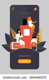 Bathroom and spa procedures concept. People taking shower, using soap, shampoo bottles, sponge. Vector illustration for hygiene, daily routine, cosmetics topics