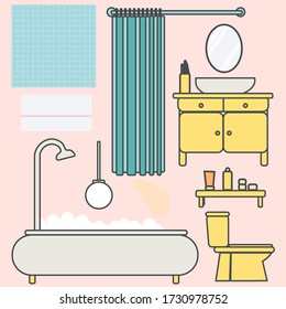 Bathroom starter pack and Bathroom interior or architecture in flat style
