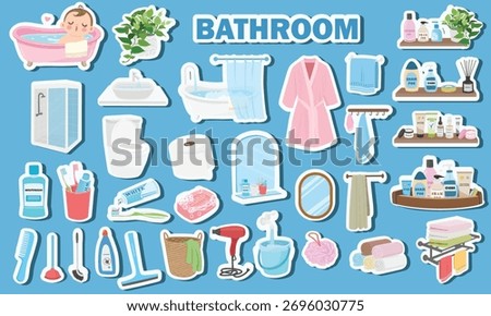 Bathroom sticker set  in cartoon flat design. Includes bathtub, mirror, sink, toilet, cleaning supplies, towels, bathrobe, hair dryer, plants, and toiletries. Bathroom essentials vector set.