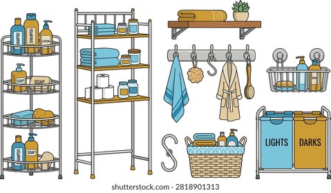 Bathroom Storage and Laundry Organization Icon Set with Tiered Corner Rack Shelving Unit Laundry Sorter Hooks and Caddy Vector Illustrations.eps