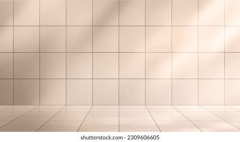 Bathroom studio with ceramic tile wall and floor vector illustration. Square clean pattern for light toilet interior. Beige geometric abstract bath room mockup with shadow. Pastel glossy construction