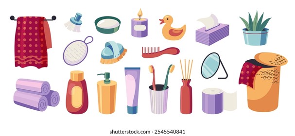 Bathroom stuff. Modern home interior hygiene products, cartoon decorative cosmetic towels bathrobe soap lotion, trendy scandinavian style. Vector set.