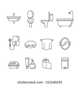 Bathroom stuffs linear icons, healthy, hygiene, cleanness, product, home decoration, household, objects