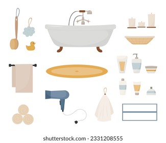 bathroom supplies set, beauty, hygiene care objects, bath accessories and cosmetics, towel, bath tub, shampoo, lotion, candles, sponge, body brush, cream, basket