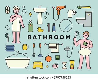 Bathroom supplies and shower characters. flat design style minimal vector illustration.