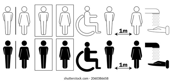 Juego de símbolos del baño. Conjunto de iconos de baño público, masculino y femenino, discapacitado, lavatorio, manteniendo una distancia segura. Ilustración vectorial. Stroke Editable