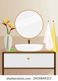 Bathroom template with round mirror, sink and flowers. Vector illustration.