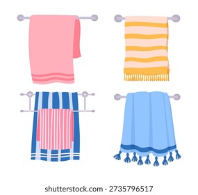 Bathroom textile towels. Shower hanging foot towels, soft hand towels, cotton fabric towels on hanger flat vector illustration set. Cartoon textile on white