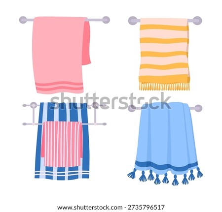 Bathroom textile towels. Shower hanging foot towels, soft hand towels, cotton fabric towels on hanger flat vector illustration set. Cartoon textile on white