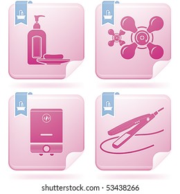 Bathroom theme icons set covering everyday objects like:soap, liquid soap, valve, water heater, gas water heater, boiler, hair straightener or straightener (part of Flamingo Square 2D Icons Set)