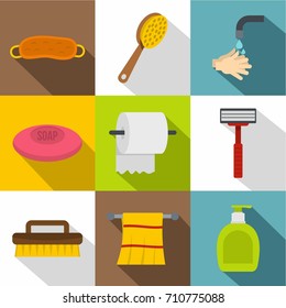 Bathroom things icon set. Flat style set of 9 bathroom things vector icons for web design