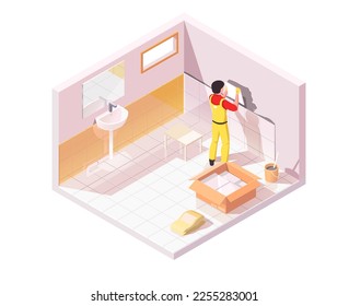 El concepto de renovación de baldosas en el cuarto de baño con baldosas profesionales en uniforme amarillo. Sala interior con vistas isométricas. Hombre instalando y colocando baldosas de cerámica blanca sobre hormigón gris en la pared. Ilustración del vector