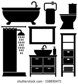 Bathroom toilet black icons set, silhouettes on white background, vector illustration