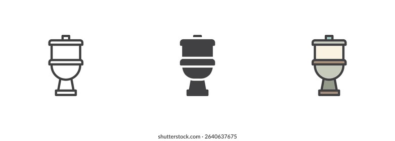 Bathroom toilet bowl icon in line, solid, and filled outline colorful styles. Hygiene and sanitation vector icon symbol for restroom interiors.