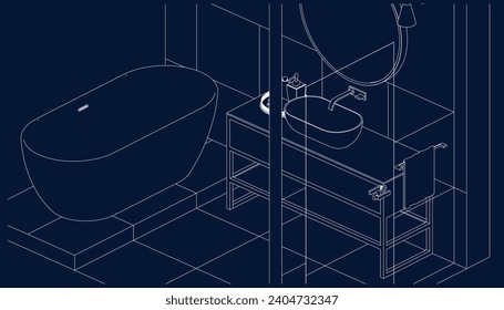 bathroom and toilet design isometric line drawing 3d illustration vector