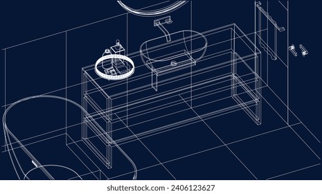 bathroom and toilet design isometric line drawing 3d illustration vector
