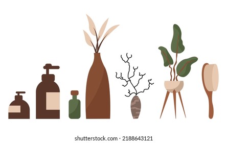 Bathroom. Toilet furniture. Restroom with white enameled bath and washbasin, automatic washer, or laundry baskets. Shelves with toiletries, soft towels. Modern room interior, vector set in flat style