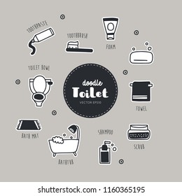 Bathroom and toilet hand drawn doodle icons set.
