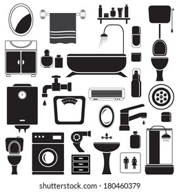 Bathroom and toilet icons set, black isolated on white background, vector illustration.