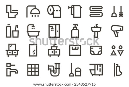 Bathroom toilet Icons Set. Vector minimalist geometric line design for hygiene, sanitary ware, WC,  Home interior Design