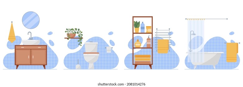 Bathroom and toilet interior design with furniture and bathroom items: cabinet with sink, mirror, towel holder, toilet bowl, bathroom shelf with bottles, bath with screen, blue wall tiles.